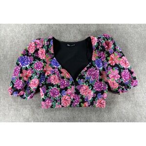 Zara Floral Crop Top Puff Sleeve Sweetheart Neckline‎ Black Multicolor Women's S
